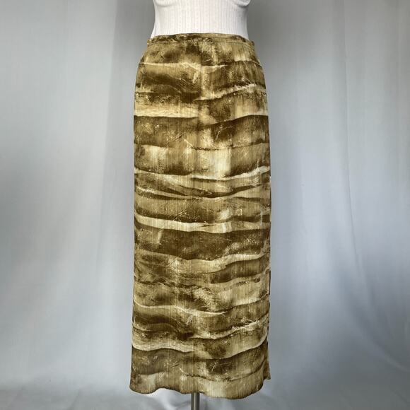 Boho Midi Skirt Size Small Green Brown Abstract Crinkle Pleated Fairy Whimsigoth - Picture 8 of 13